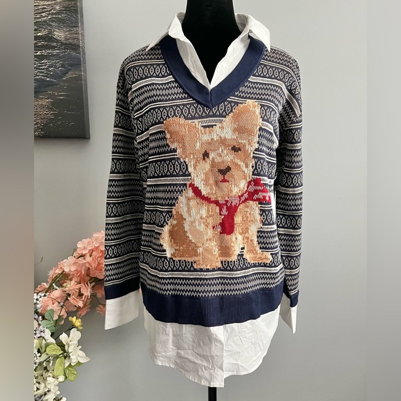 Jones New York Women's Dog Scarf Layered-Look V-Neck Sweater Size XS - Picture 1 of 10